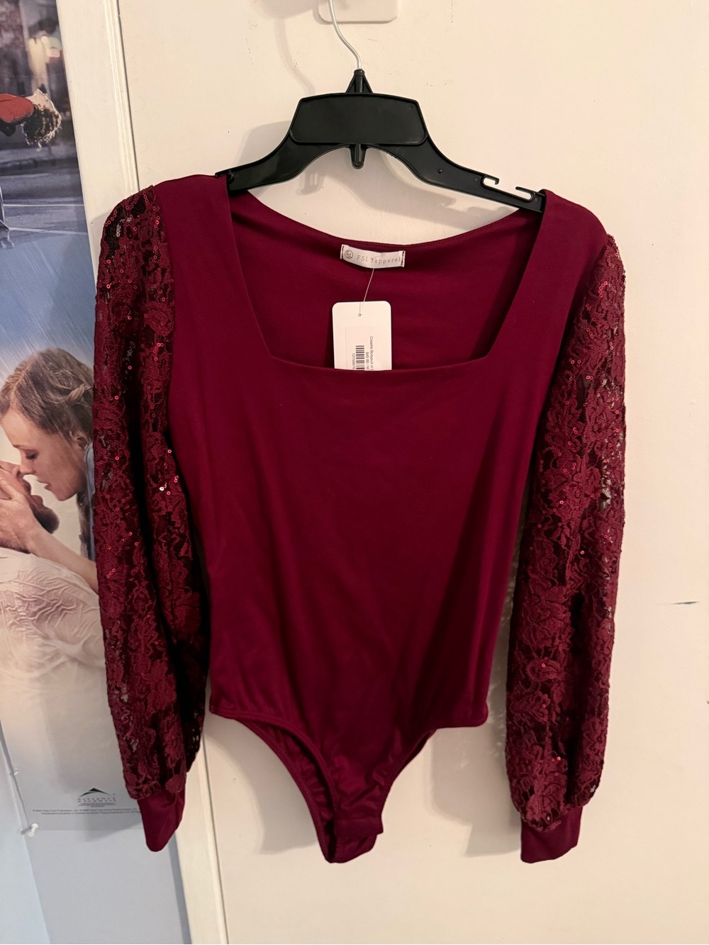 Square Neck Burgundy Lace-Sleeve Bodysuit